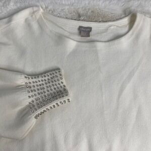 Chicos Shine Cuff Detail Pullover Sweater Ecru White Rhinestone Size 3 XL NEW
